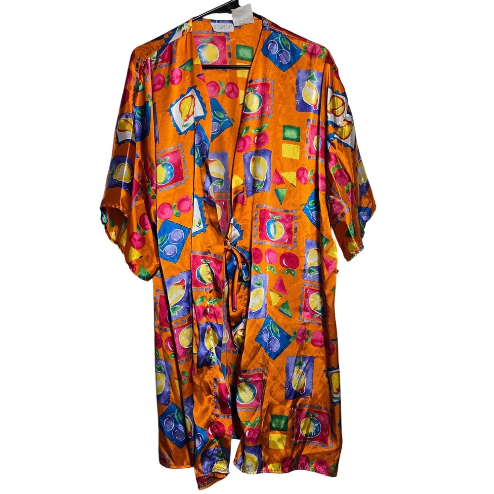Vintage Vassarette Fruit Print Satin Robe Large Pop Art Kimono Lounge Indie